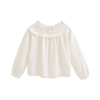 Blusa da bambina a maniche lunghe con colletto elastico di colore bianco L19-11401175