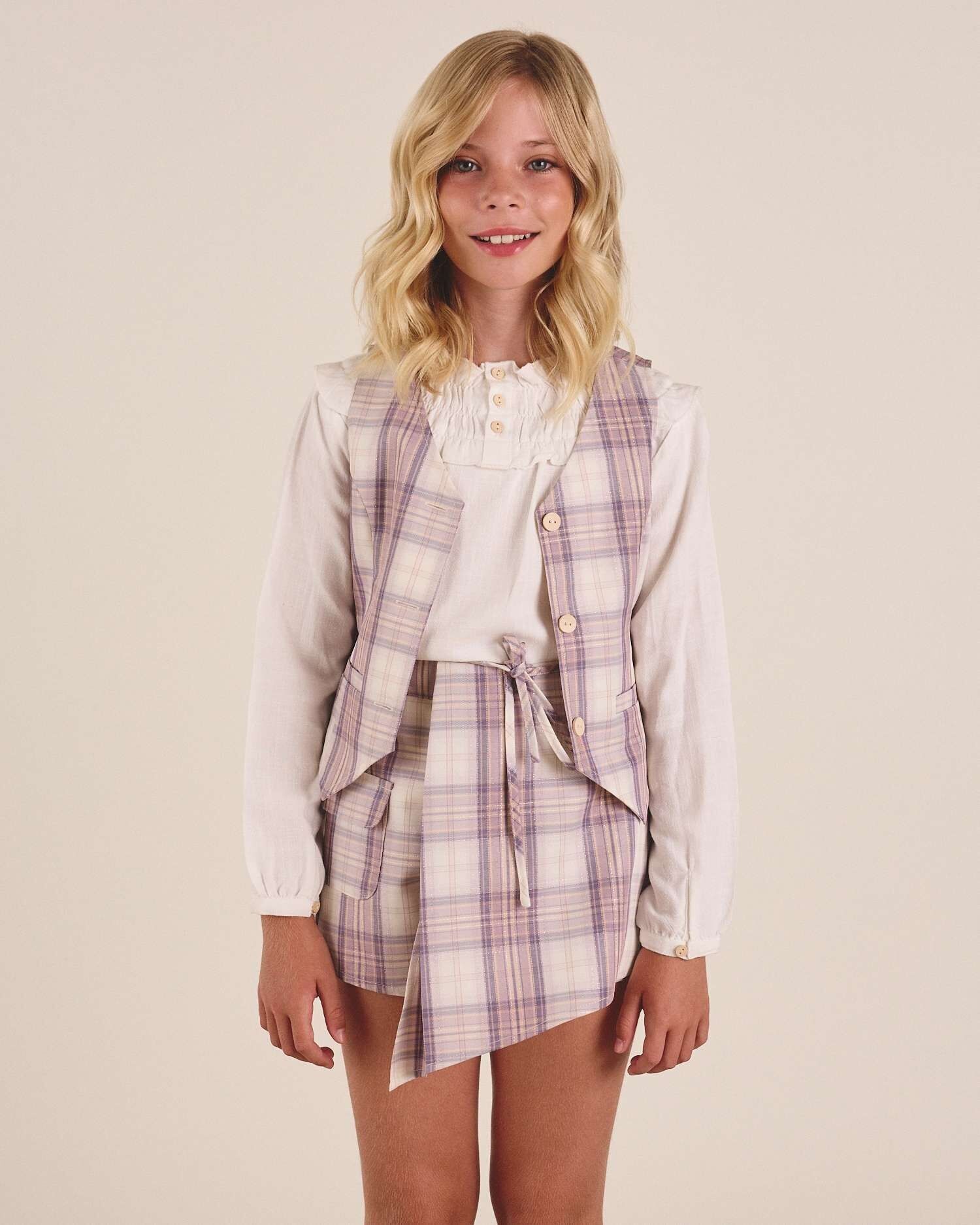 Gilet a quadri viola e bianchi da bambina L69-11409075