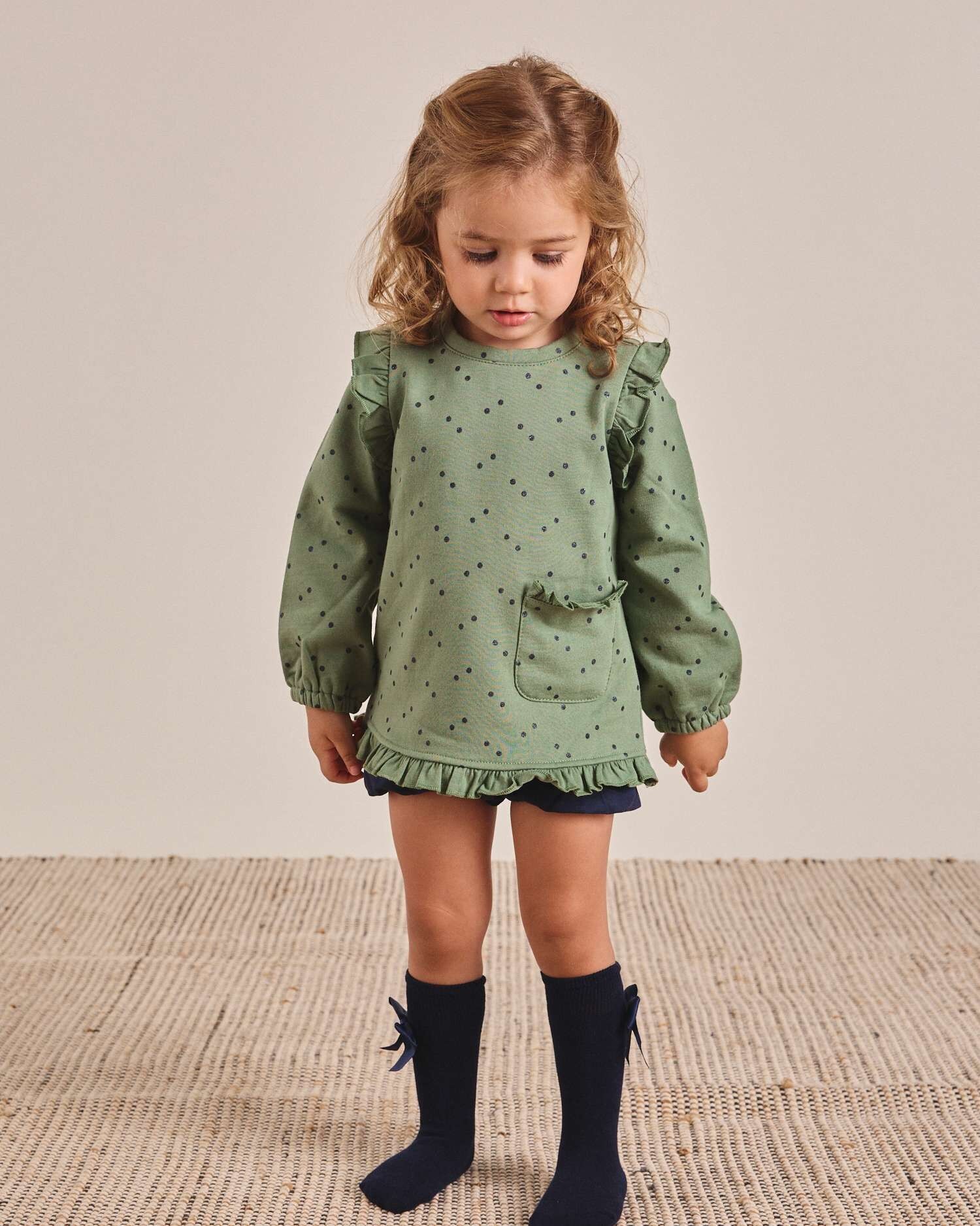 Felpa verde da neonata con pois glitter blu L83-16406502