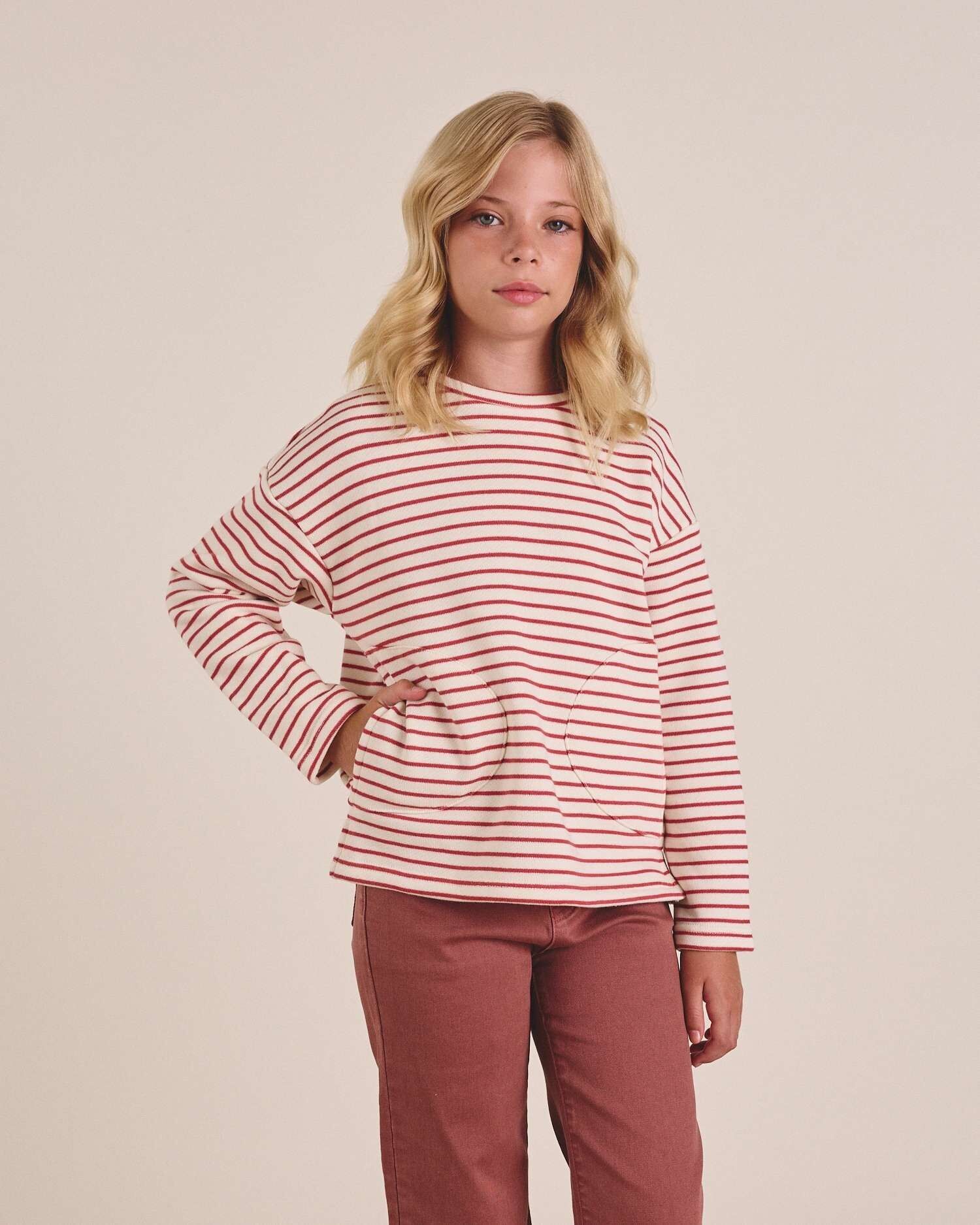 Felpa da bambina a righe bianche e rosse con tasche L88-16410015