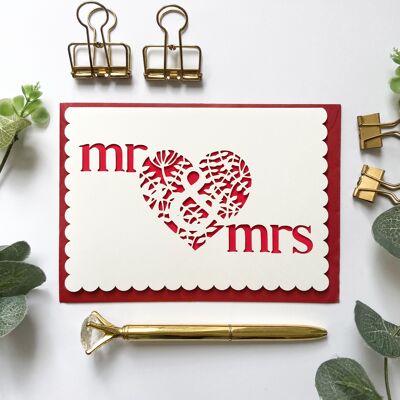 Tarjeta de borde festoneado de Sr. y Sra., Tarjeta de felicitaciones de boda, tarjeta de compromiso