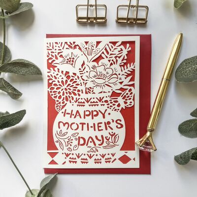 Carte vase fleur rouge fête des mères