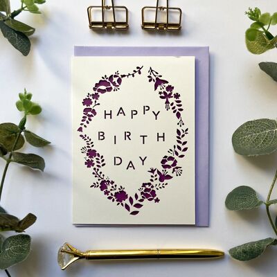 Tarjeta de feliz cumpleaños floral, tarjeta de cumpleaños de corona lila
