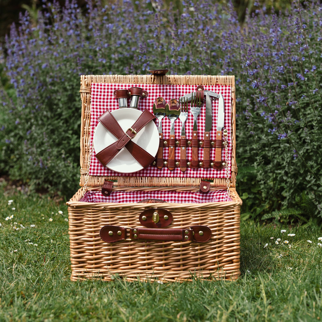 Natural Wicker 2-Person Picnic Basket with Red Gingham Lining
