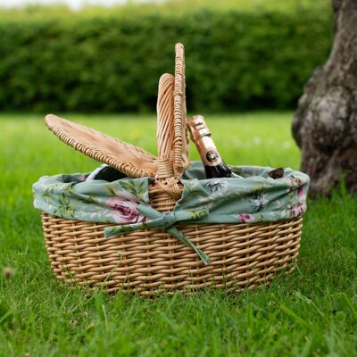 Panier de pique-nique ovale en osier naturel avec doublure en rose anglaise