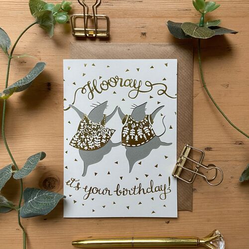 Hooray it's your birthday card, Dancing mice birthday card