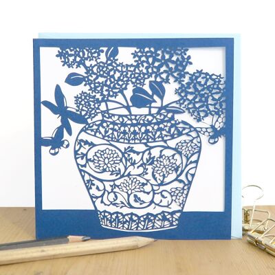 Chinese vase & hydrangeas card