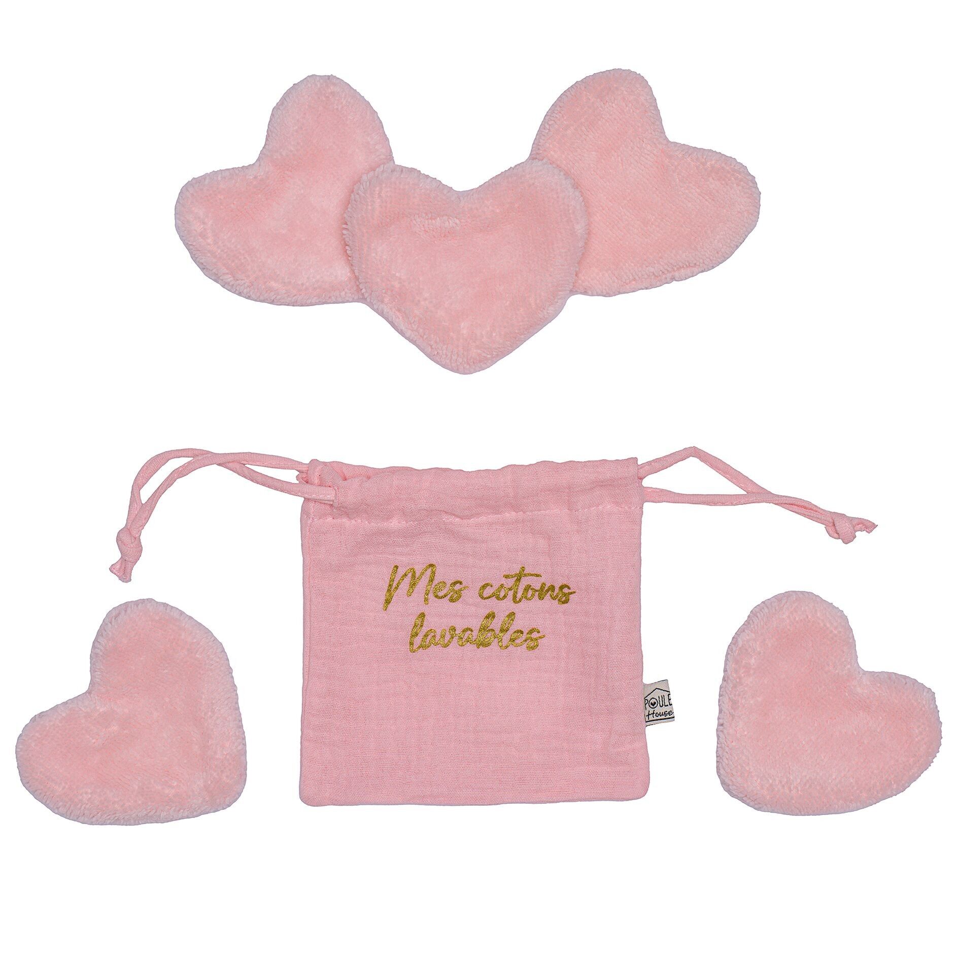 Set di 5 cotoni lavabili a forma di cuore in un sacchetto - confetto