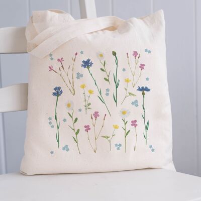 Bolsa de yute con flores, bolsa de algodón con estampado de flores silvestres, bolsa de compra sostenible, bolsa de transporte
