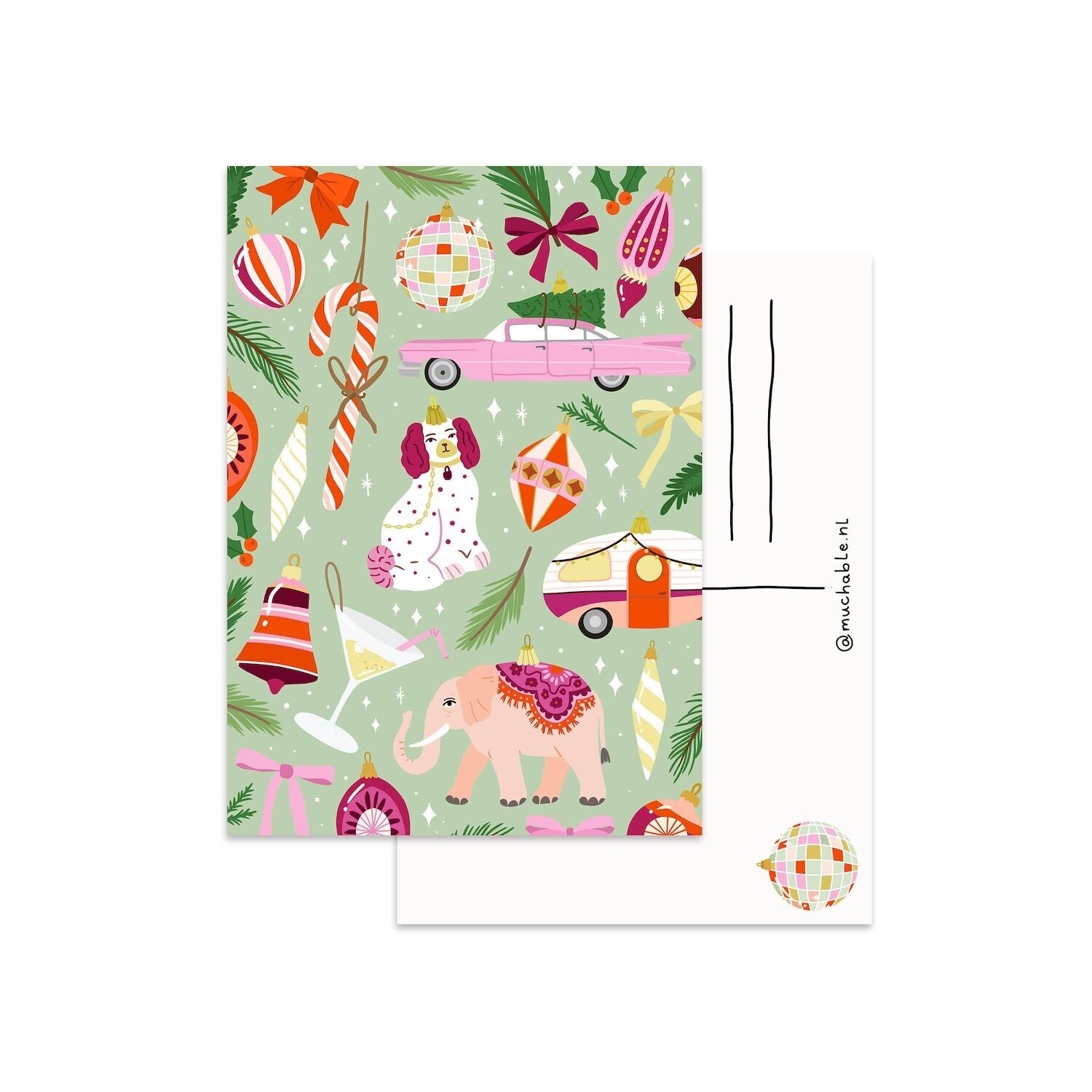 Kerstkaart/Christmascard - motivo ornamentale illustrato