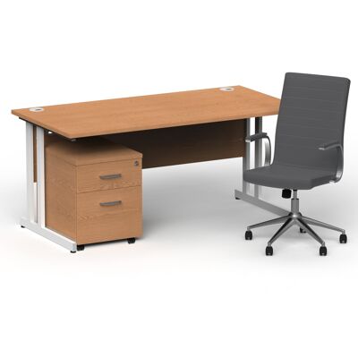 Escritorio de oficina recto Impulse de 1600 mm con tapa de roble, patas voladizas blancas, pedestal móvil de 2 cajones y Ezra Grey