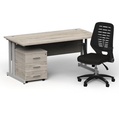 Scrivania da ufficio dritta Impulse 1600mm con piano in rovere grigio, gamba a sbalzo argentata, piedistallo mobile a 3 cassetti e schienale nero Relay