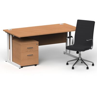 Escritorio de oficina recto Impulse de 1600 mm con tapa de roble y patas voladizas blancas con pedestal móvil de 2 cajones y Ezra Black