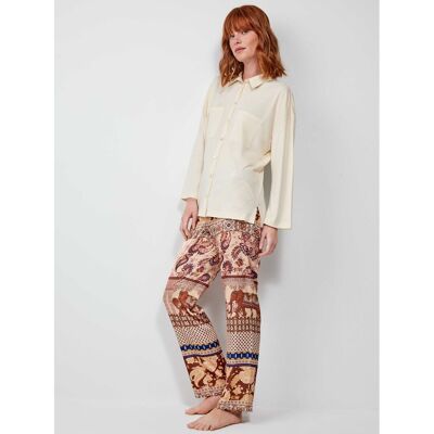 Pijama camisero con camisa punto de algodón y pantalón en satén - 2/20176S BEIGE