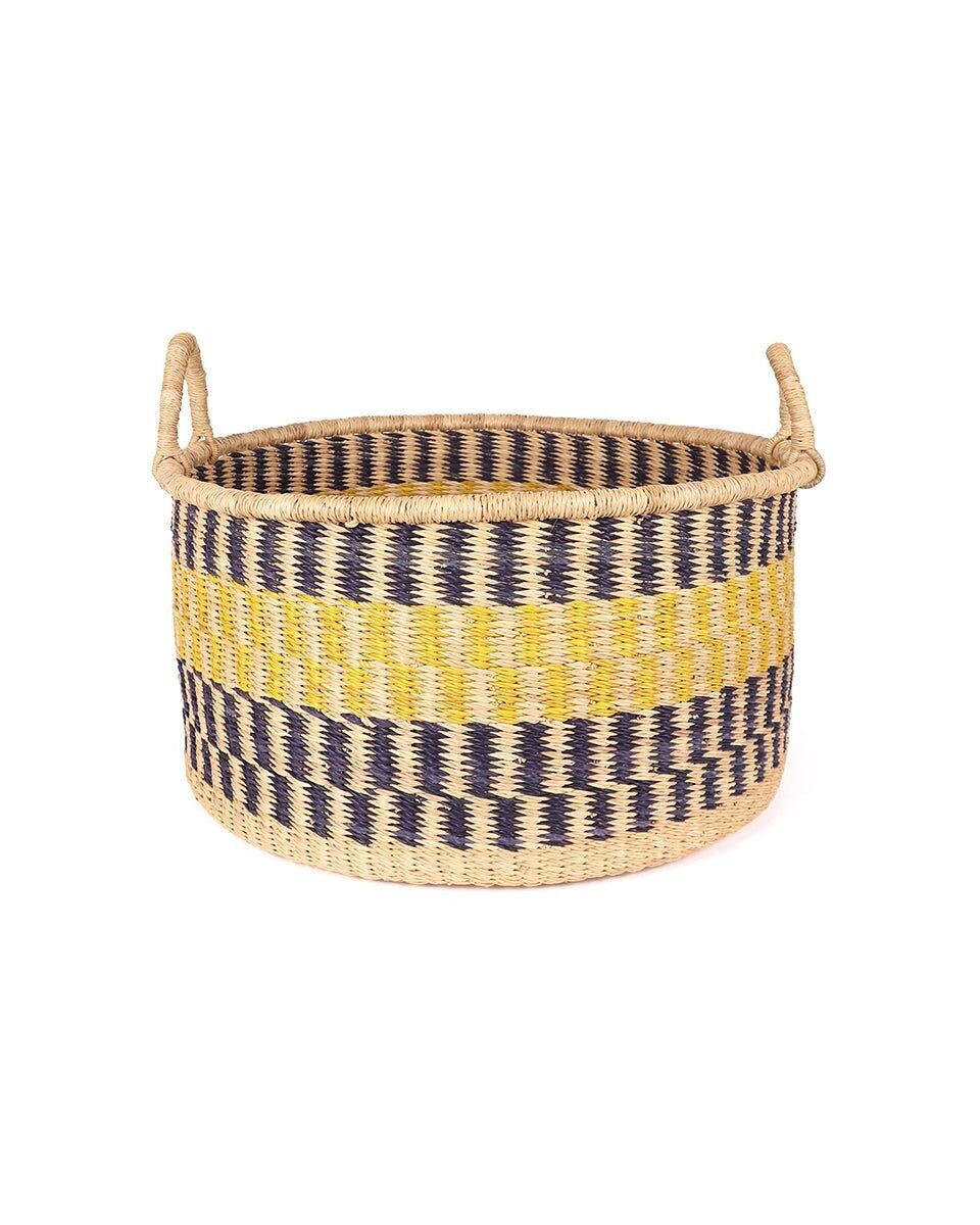 GUSHIE : Panier de rangement de sol moyen jaune et bleu marine avec poignées