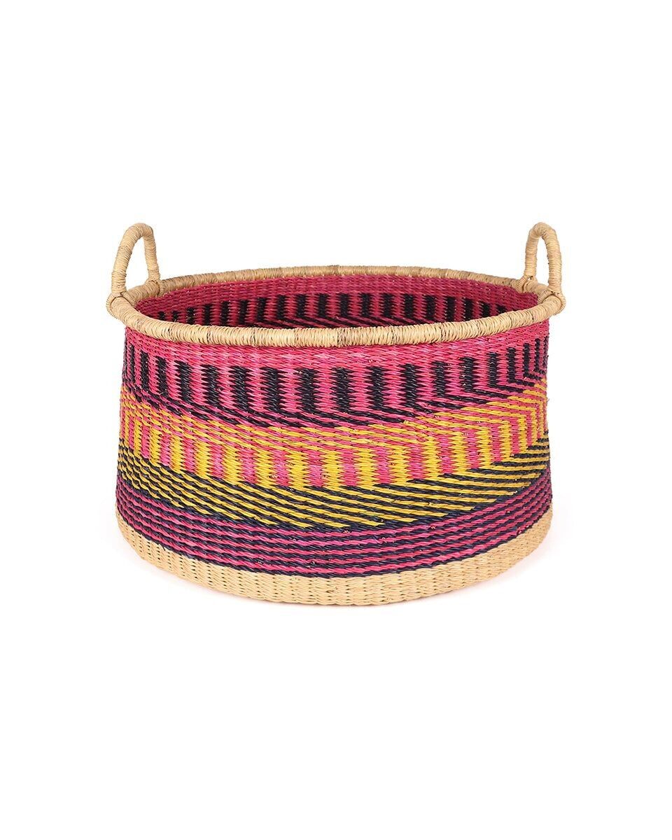 NSAWAM : Panier de rangement de sol moyen rose, jaune et noir avec poignées