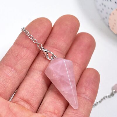 Natural rose quartz dowsing pendulum silver chain, magnetic pendulum, lithotherapy, jewelry creation, 23cm, x1 G5347