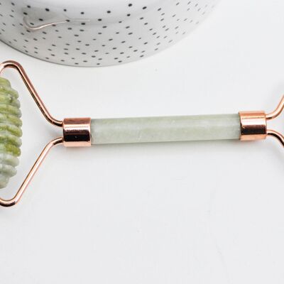 Rullo massaggiante in giada gialla naturale con supporto in oro rosa, uno strumento in pietra naturale per il massaggio facciale automassaggio, x1 G4513