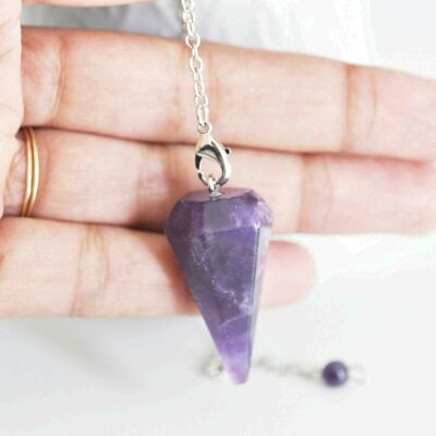 Pendule radiesthésie améthyste naturel chaine argentée, pendule magnétisme, litotherapie,création bijoux,23cm, x1 G6737