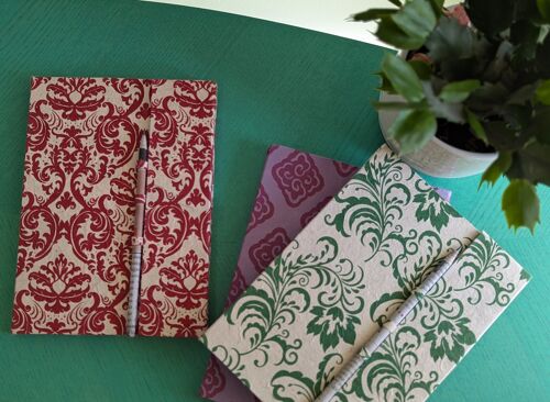Printed Pattern Cover Lokta A5 Journal Notebook with Pencil - Purple