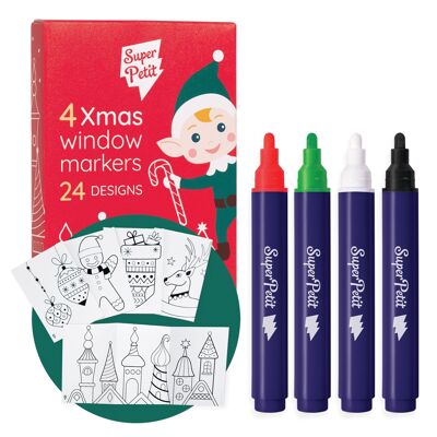 ÉDITION LIMITÉE NOËL: BOITE 4 FEUTRES EFFAÇABLES VITRES-MIROIR + 24 MOTIFS À REPRODUIRE