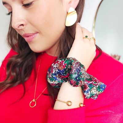 Elastico per capelli CLÉO / stampa floreale verde blu rosso con filo di lurex oro