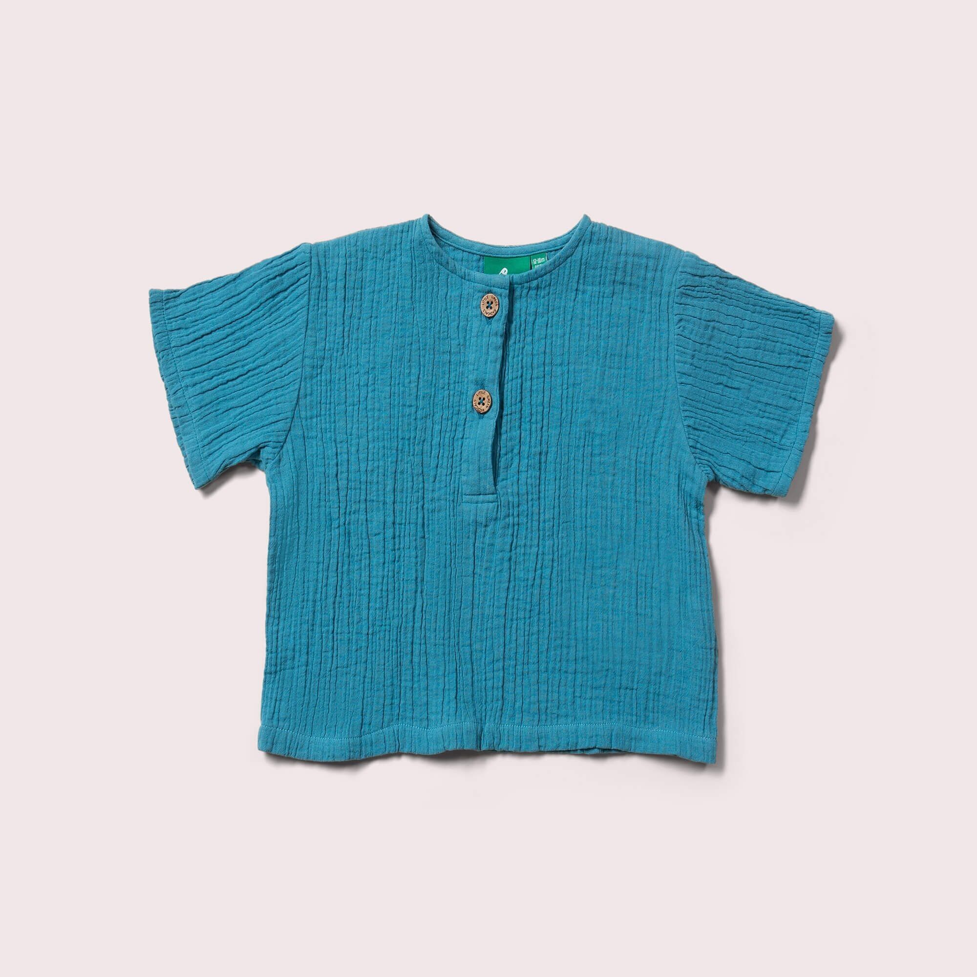 Maglia Henley a maniche corte in mussola blu orizzonte, vestibilità ampia