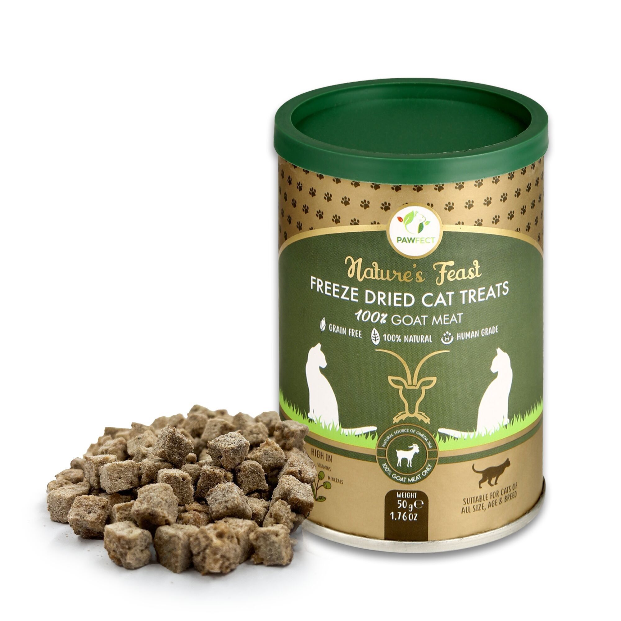 Pawfect Nature's Feast gefriergetrocknete Ziegenfleisch-Leckerlis für Katzen | 100 % natürlich | hypoallergen | leicht verdaulich | getreidefrei | Trainings-Leckerli | proteinreich | fettarm | Leckerlis mit nur einer Zutat (50 g/176 oz)