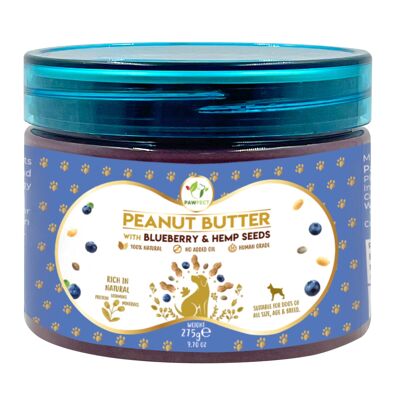 Burro di arachidi Pawfect: mirtilli e semi di canapa (275 g/9,5").70 oz) | 100% naturale | Senza cereali | Topper per alimenti | Snack leccabile per cani