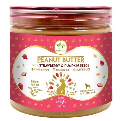 Burro di arachidi Pawfect: fragola e semi di zucca (450 g/15,5%).87 oz) | 100% naturale | Senza cereali | Topper per alimenti | Snack leccabile per cani