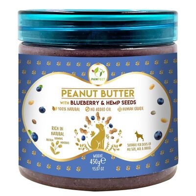 Burro di arachidi Pawfect: mirtilli e semi di canapa (450 g/15,5 l)87 oz) | 100% naturale | Senza cereali | Topper per alimenti | Snack leccabile per cani