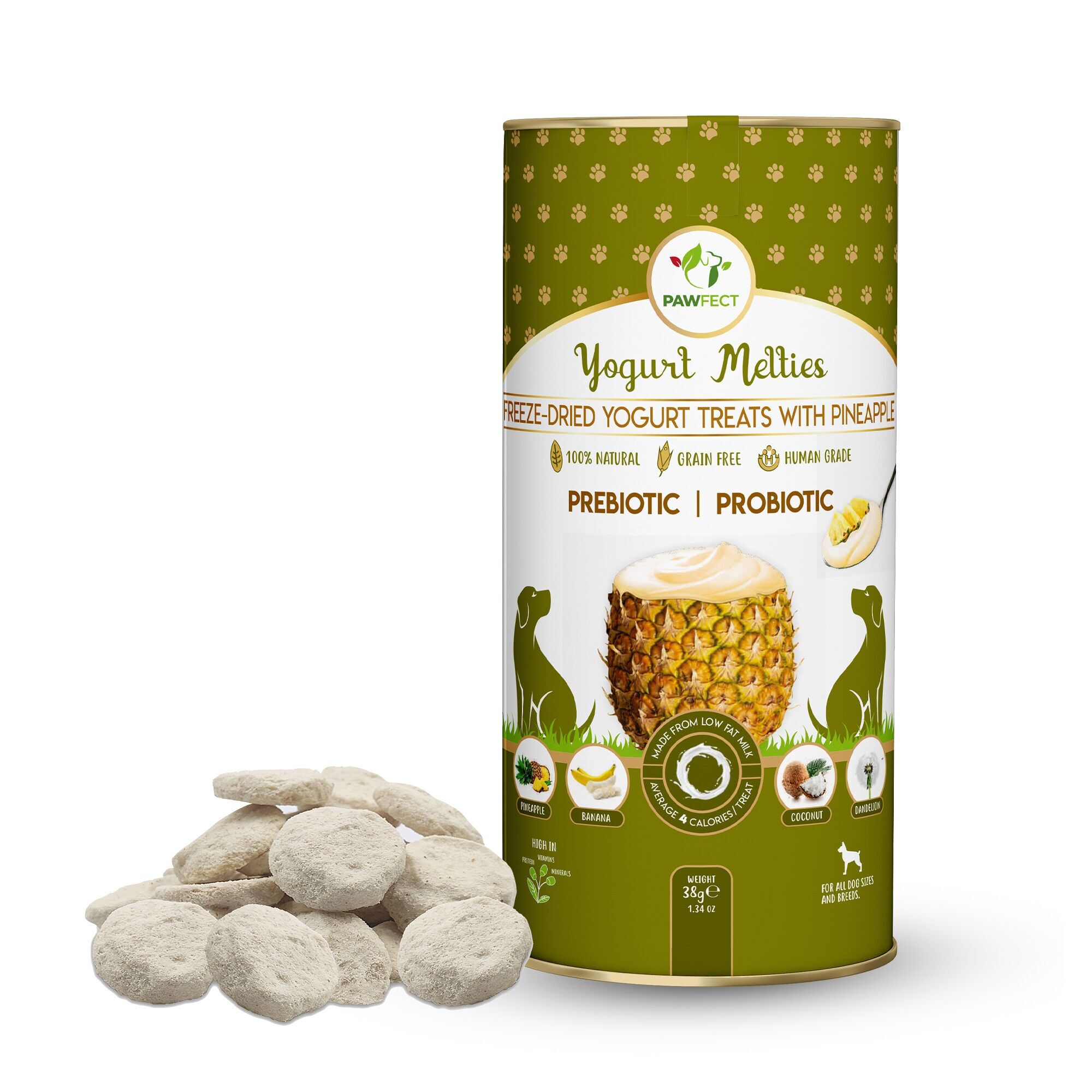 Pawfect Yogurt Melties - Golosinas prebióticas y probióticas para perros con piña, coco, plátano y diente de león | Intestino sano | Bajo en calorías | Sin cereales ni gluten | Golosinas de recompensa o de entrenamiento (38 g/1.34 onzas)