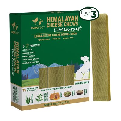 Masticables de queso del Himalaya Pawfect - Dentamust infundido con aloe vera: paquete de 3 masticables para perros de tamaño mediano (195 g/6.88 onzas)