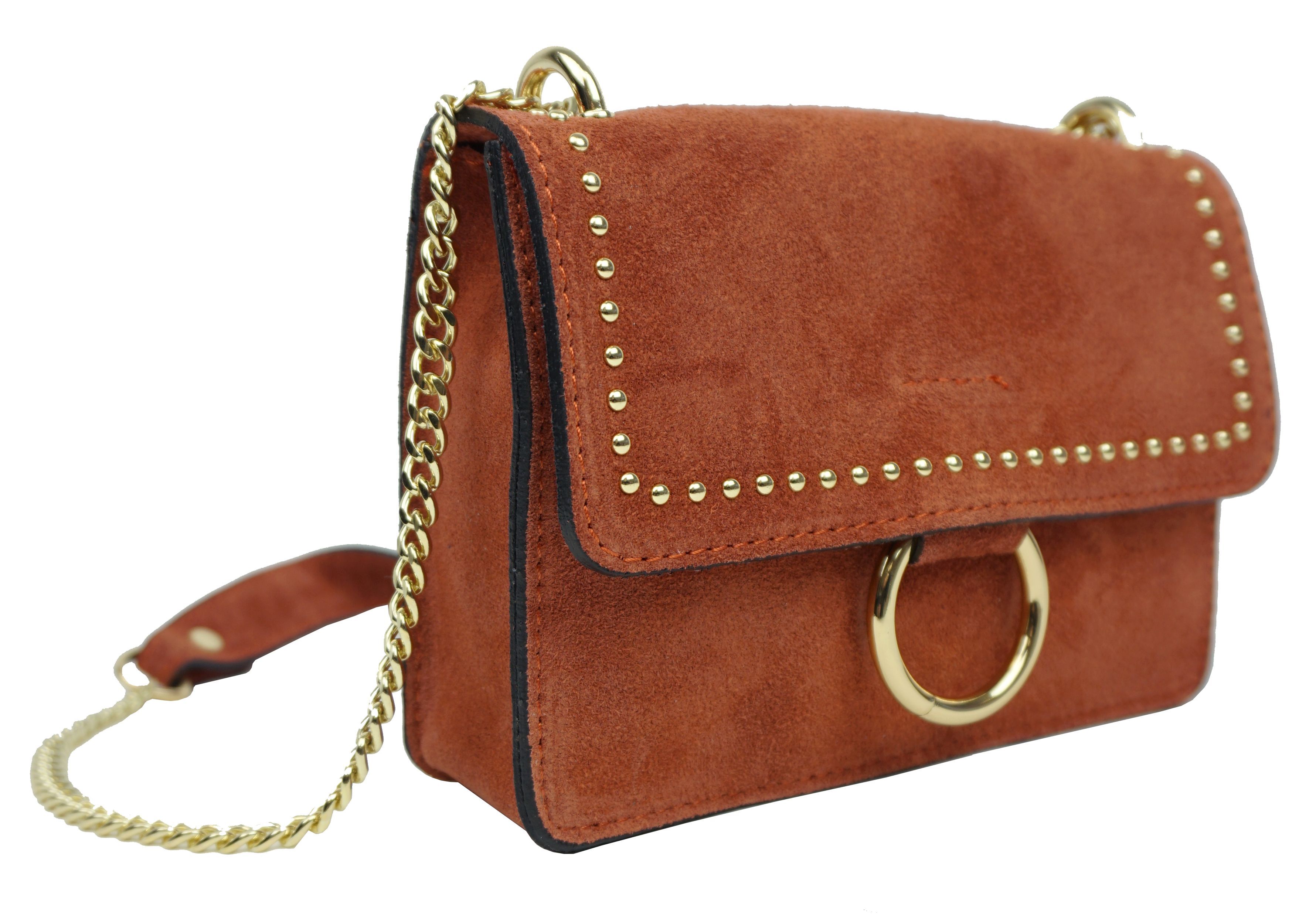 Studded shoulder bag with ring in split leather Navy 69101