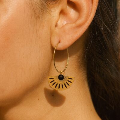 Boucles d'oreilles créoles " Coco " éventails noirs et blancs