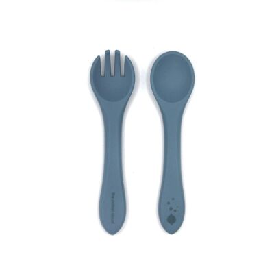 Set Tenedor y Cuchara Silicona S Azul para Bebé