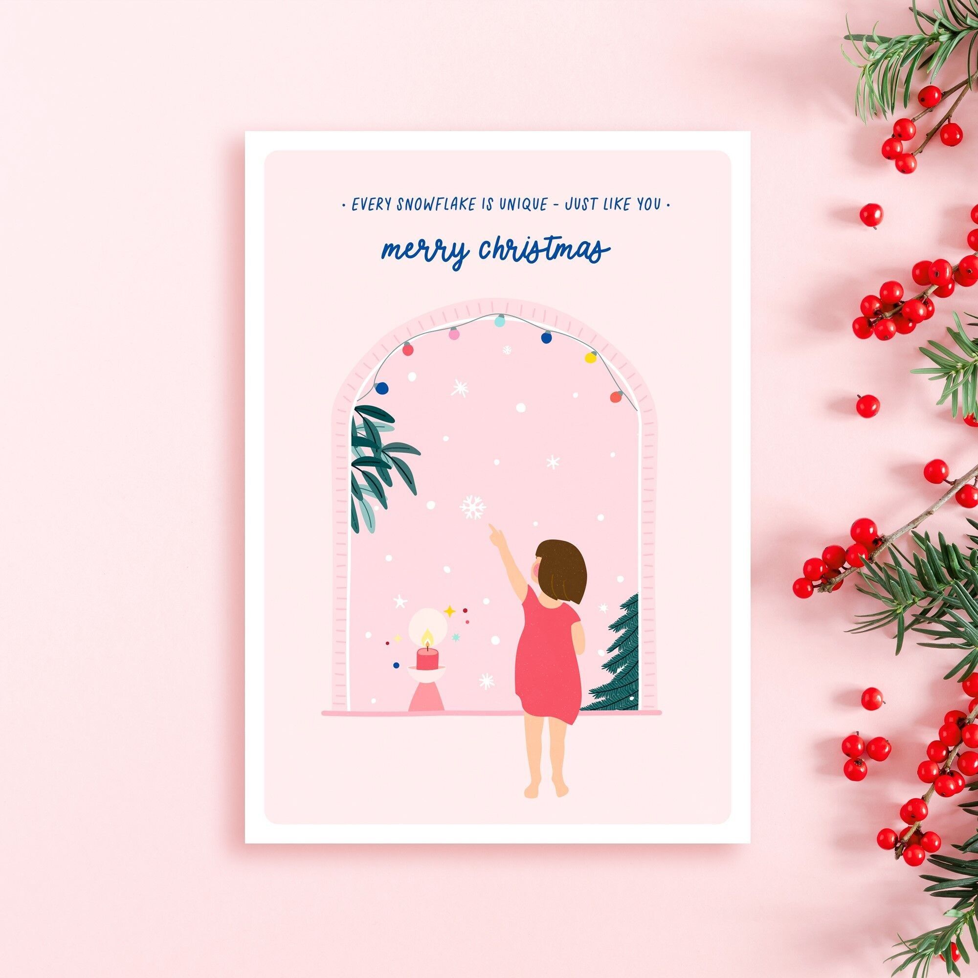 Biglietto di Natale OGNI FIOCCO DI NEVE È UNICO, cartolina, fiocco di neve, carta sostenibile, prodotta localmente ed equamente