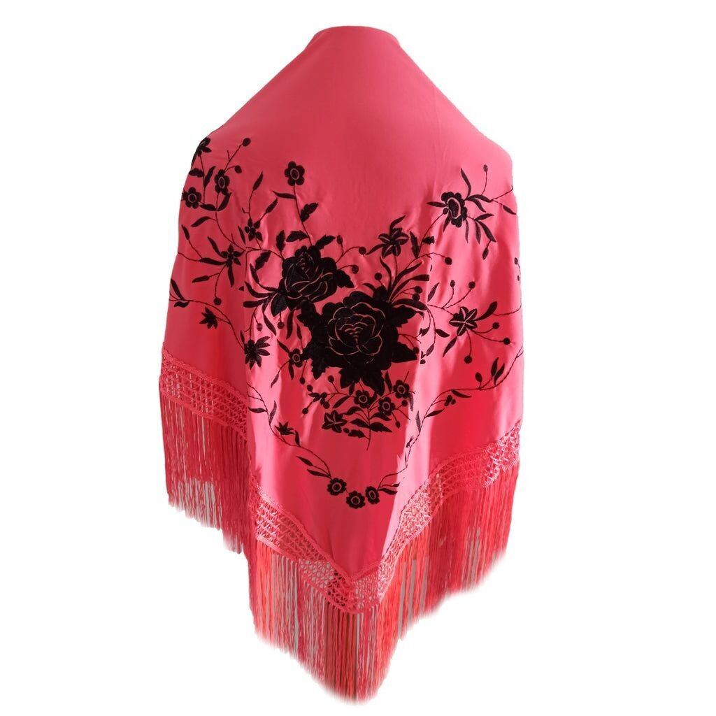 Grande scialle flamenco ricamato floreale corallo nero (160 x 85 cm)