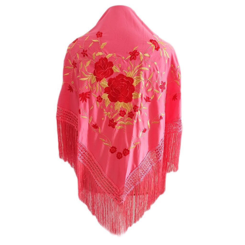 Grande scialle flamenco ricamato corallo rosso oro floreale (160 x 85 cm)