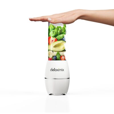 DETOXIMIX MINI NEO WHITE Mini frullatore in vetro con 2 bottiglie di trasporto in vetro e sistema Mix & Go