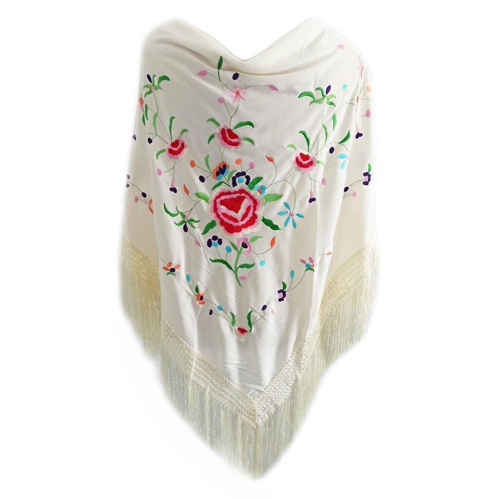 Grande scialle flamenco ricamato · Grande fiore multicolore avorio (160 x 85 cm)