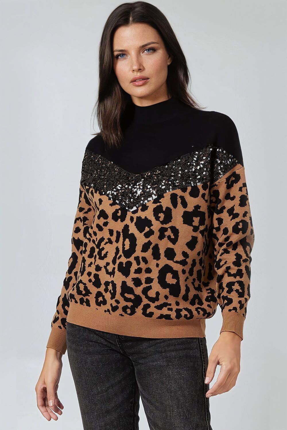 Pull col montant imprimé animal noir camel avec détails pailletés