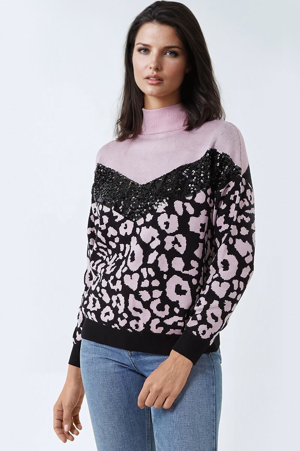 Pull col montant imprimé animal lilas noir avec détails pailletés