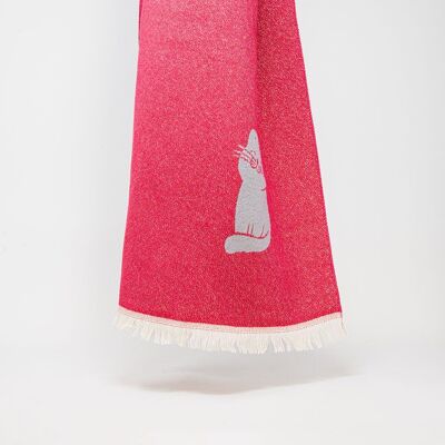 Bufanda anch'essa in punto suave in colore rosa con estampado de gatos