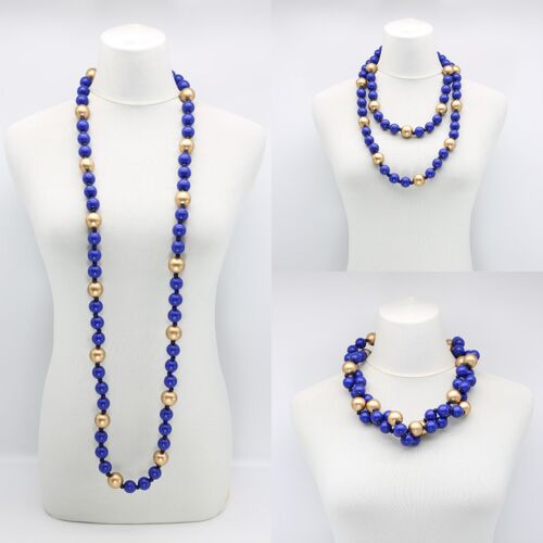 Round Beads Necklace - Duo - Cobalt Blue/Gold