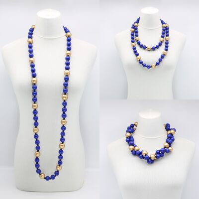 Collier Perles Rondes - Duo - Bleu Cobalt/Or