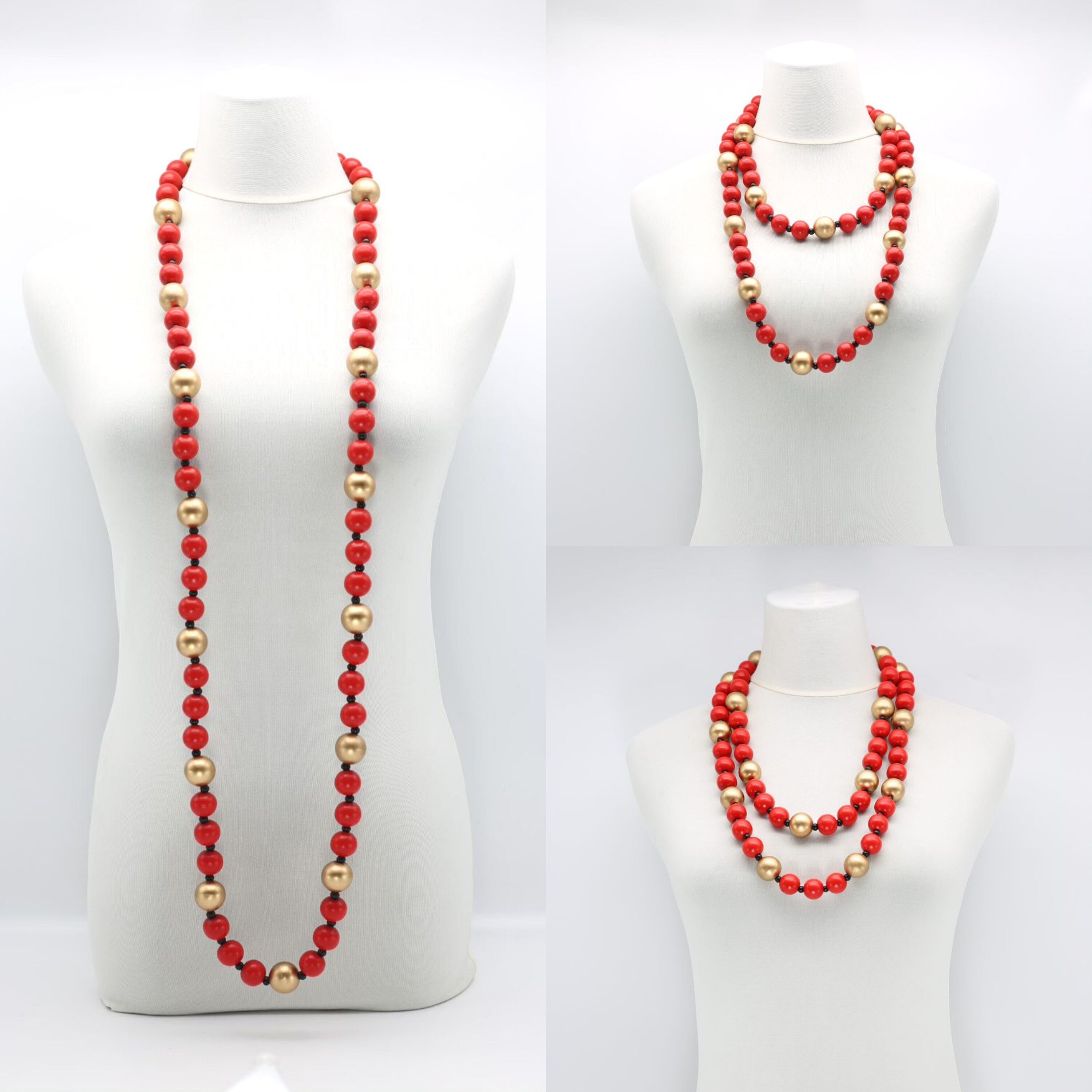 Runde Perlenkette - Duo - Rot/Gold