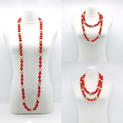 Round Beads Necklace - Duo - Red/Gold