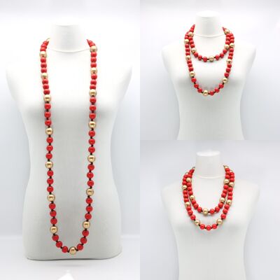 Round Beads Necklace - Duo - Red/Gold