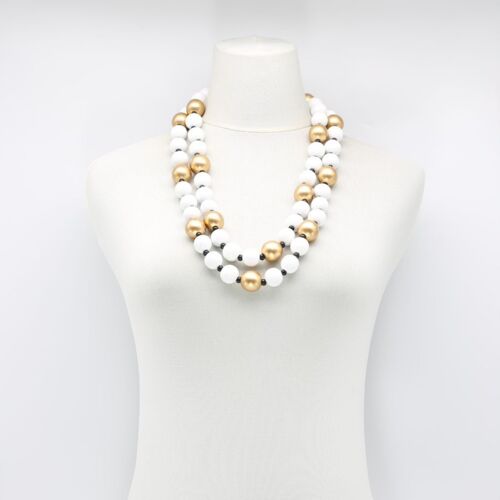 Round Beads Necklace - Duo - White/Gold